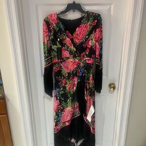 Tadashi Shoji Black Floral Dress with Pink and Green Accents